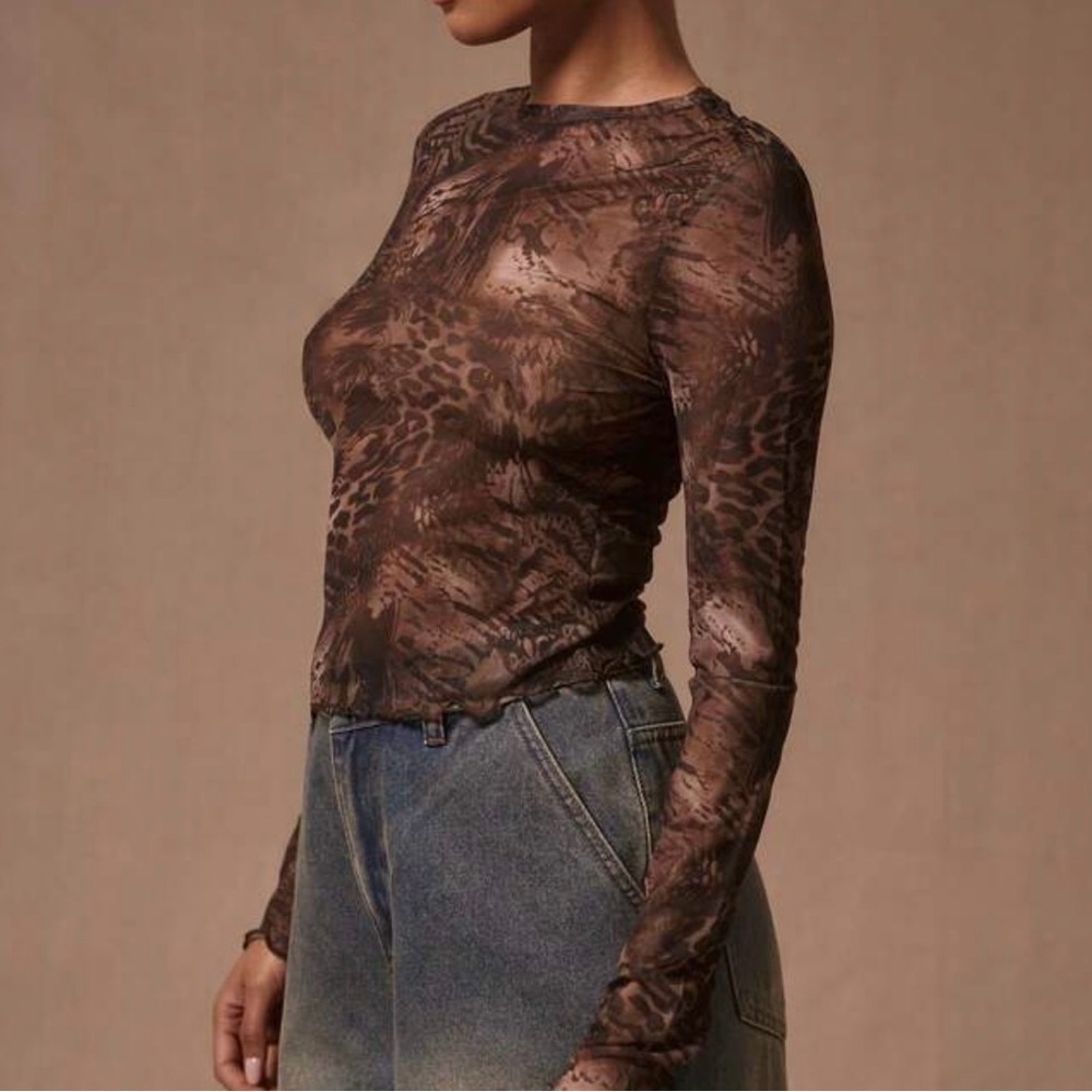 Women's Brown Animal Print Mesh Top